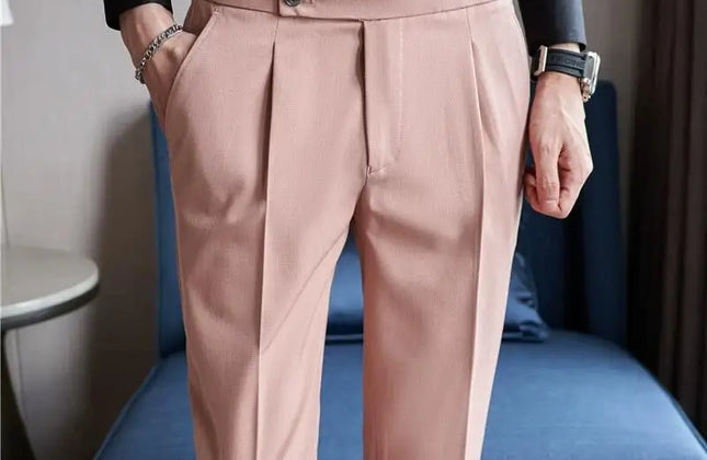 British Style Men High Waist Casual Dress Pant Men Belt Design Slim Trousers