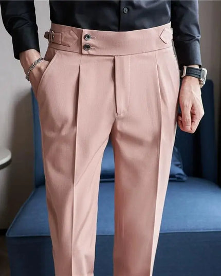 British Style Men High Waist Casual Dress Pant Men Belt Design Slim Trousers