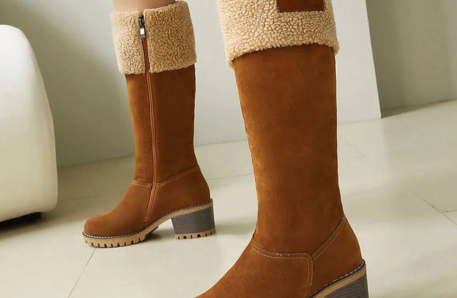 Women's Faux-Sherpa Knee-High Boots with Block Heel
