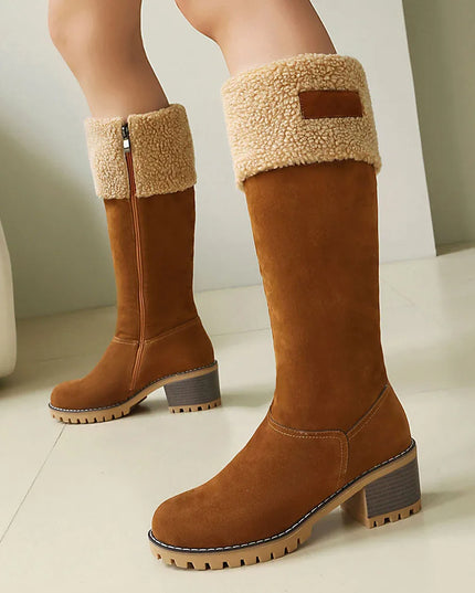 Women's Faux-Sherpa Knee-High Boots with Block Heel