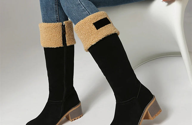 Women's Faux-Sherpa Knee-High Boots with Block Heel
