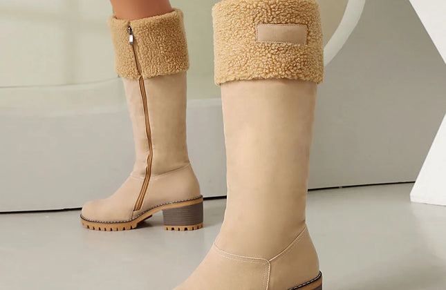 Women's Faux-Sherpa Knee-High Boots with Block Heel