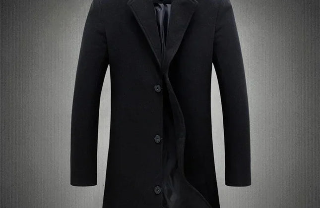Men Long Cotton Coat 2025 Autumn Winter Wool Blend Pure Color Business Casual