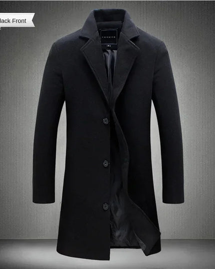 Men Long Cotton Coat 2025 Autumn Winter Wool Blend Pure Color Business Casual