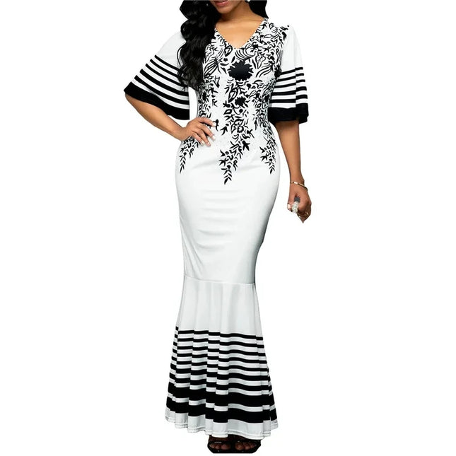 Long Dress Women Printed Stitching Long High Waist Short Sleeves