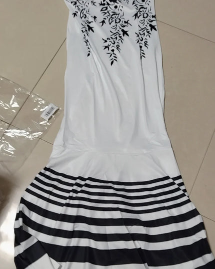 Long Dress Women Printed Stitching Long High Waist Short Sleeves