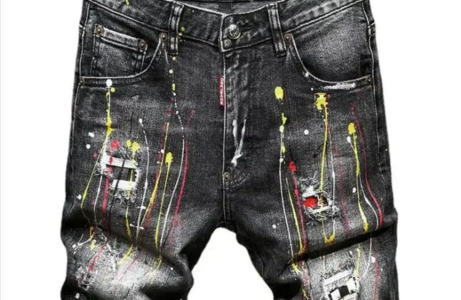 Men Summer Blue Shorts Jeans Holes Denim Shorts Paint Casual Streetwear Jeasn