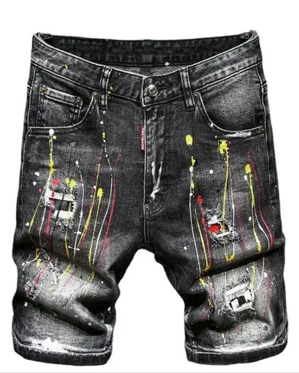 Men Summer Blue Shorts Jeans Holes Denim Shorts Paint Casual Streetwear Jeasn