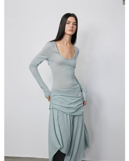 U-Neck Irregular Hem Long Dress | Merino Wool Draped Maxi Dress