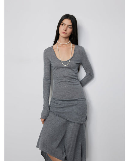 U-Neck Irregular Hem Long Dress | Merino Wool Draped Maxi Dress
