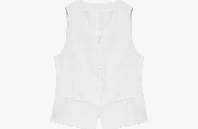 Gilet drapé 100 % lin et pantalon droit taille haute à double pli | Ensemble Old Money