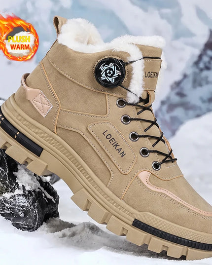 Men's Fleece-Lined PU Snow Boots with Rotary Buckle