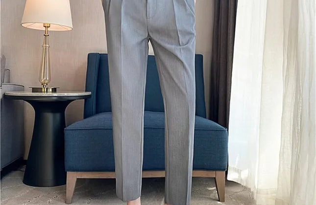 British Style Men High Waist Casual Dress Pant Men Belt Design Slim Trousers