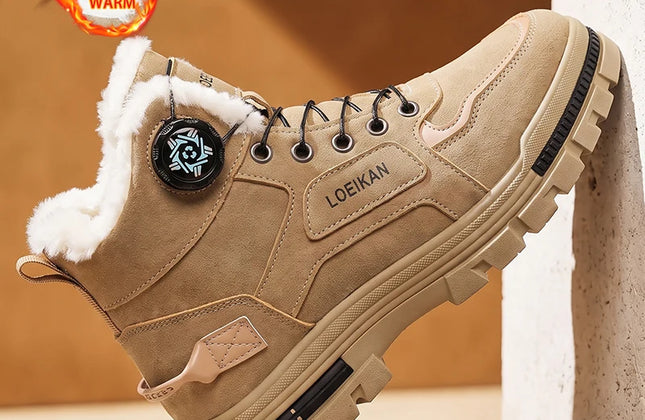 Men's Fleece-Lined PU Snow Boots with Rotary Buckle