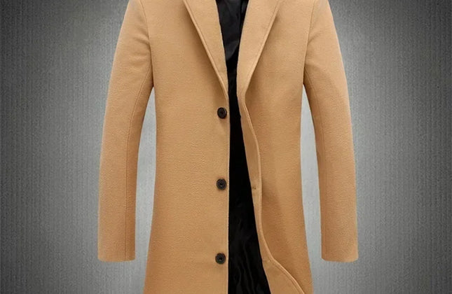 Men Long Cotton Coat 2025 Autumn Winter Wool Blend Pure Color Business Casual