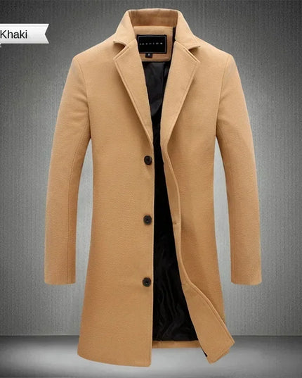 Men Long Cotton Coat 2025 Autumn Winter Wool Blend Pure Color Business Casual
