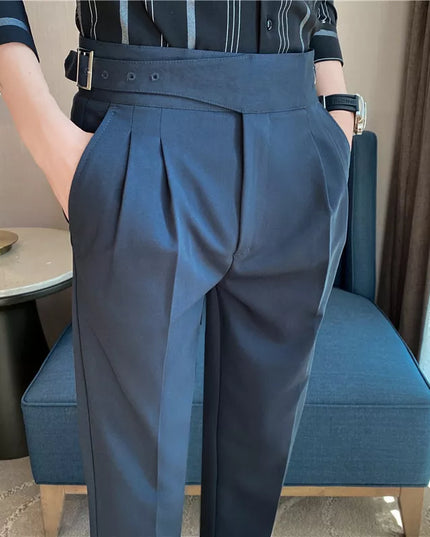 British Style Men High Waist Casual Dress Pant Men Belt Design Slim Trousers