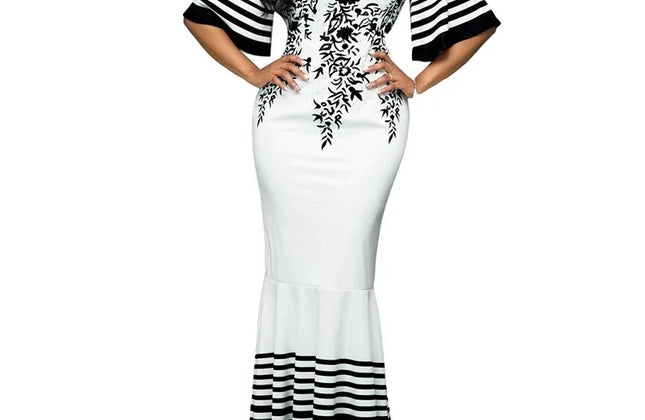 Long Dress Women Printed Stitching Long High Waist Short Sleeves
