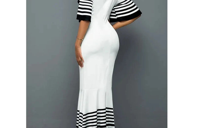 Long Dress Women Printed Stitching Long High Waist Short Sleeves