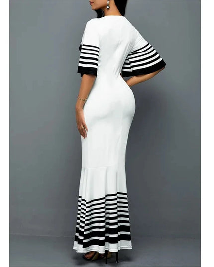 Long Dress Women Printed Stitching Long High Waist Short Sleeves
