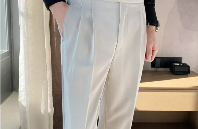 British Style Men High Waist Casual Dress Pant Men Belt Design Slim Trousers