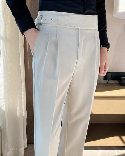 British Style Men High Waist Casual Dress Pant Men Belt Design Slim Trousers