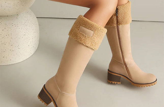 Women's Faux-Sherpa Knee-High Boots with Block Heel