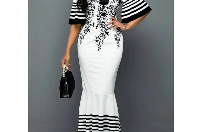 Long Dress Women Printed Stitching Long High Waist Short Sleeves