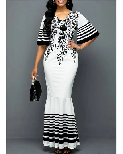 Long Dress Women Printed Stitching Long High Waist Short Sleeves