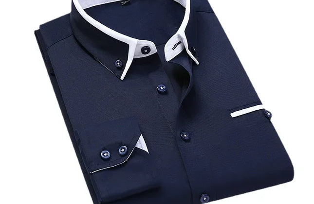 Quality Men Shirt Long Sleeve Twill Solid Striped Dress Business Office
