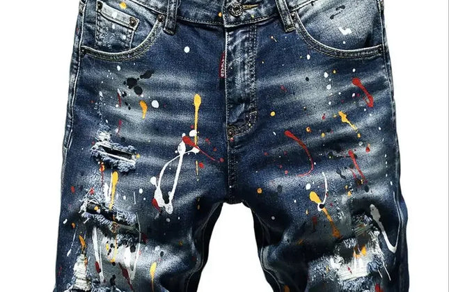 Men Summer Blue Shorts Jeans Holes Denim Shorts Paint Casual Streetwear Jeasn
