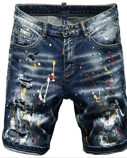 Men Summer Blue Shorts Jeans Holes Denim Shorts Paint Casual Streetwear Jeasn