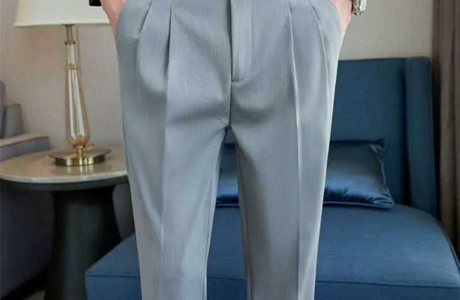 British Style Men High Waist Casual Dress Pant Men Belt Design Slim Trousers