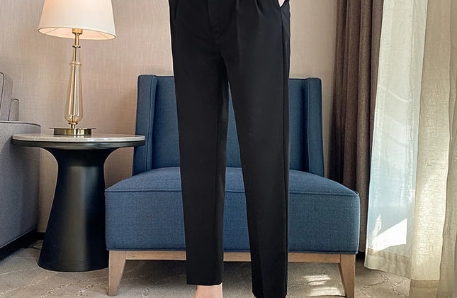 British Style Men High Waist Casual Dress Pant Men Belt Design Slim Trousers