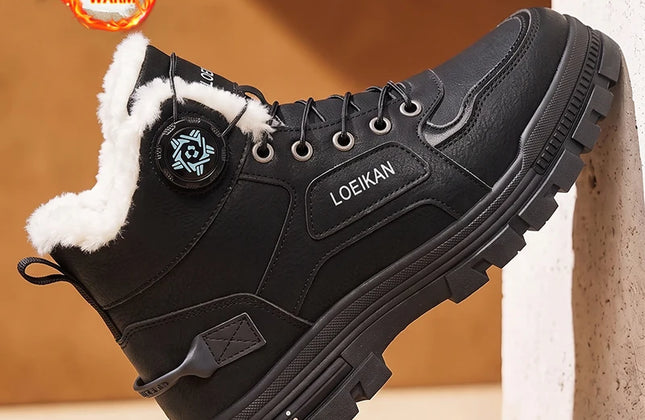 Men's Fleece-Lined PU Snow Boots with Rotary Buckle