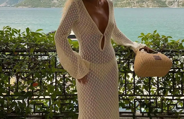 Sexy Cover Up Long Sleeve Long Dress Women Backless Beach Wear Bathing