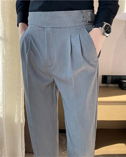 British Style Men High Waist Casual Dress Pant Men Belt Design Slim Trousers