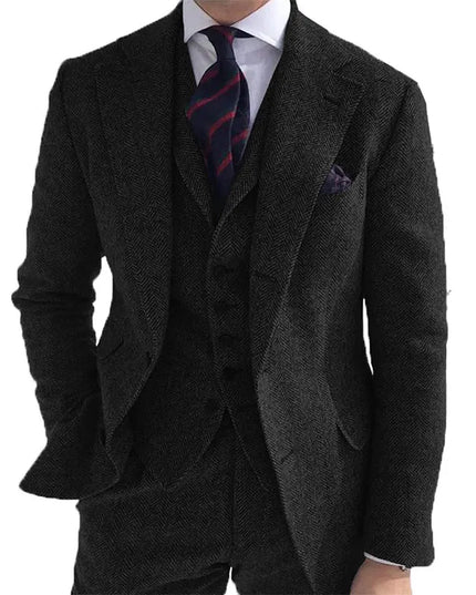 Gray Wool Tweed Winter Men Suit's for Wedding Formal Groom Tuxedo Herringbone