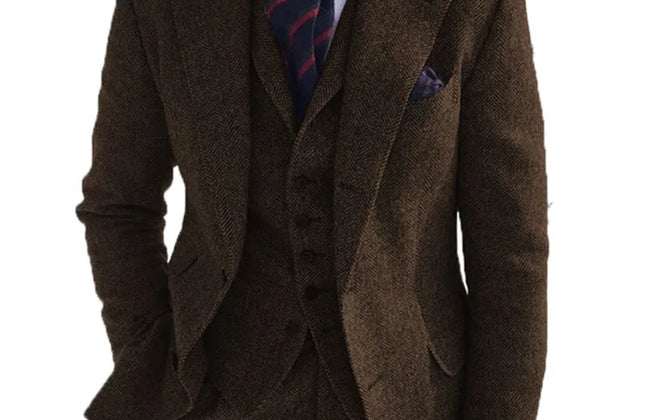 Gray Wool Tweed Winter Men Suit's for Wedding Formal Groom Tuxedo Herringbone