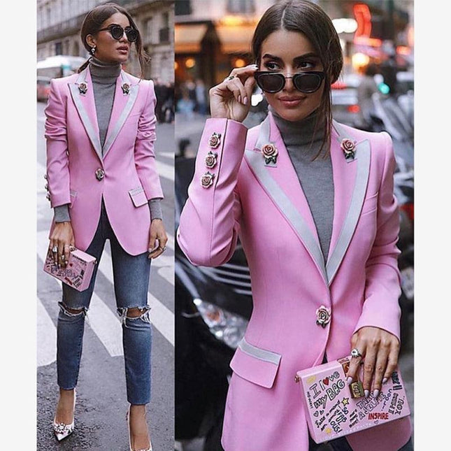 A4564 Elegant Pink Long Sleeve Single Button Slim Winter Wear Women Coat 2021 - Constantin & Crys