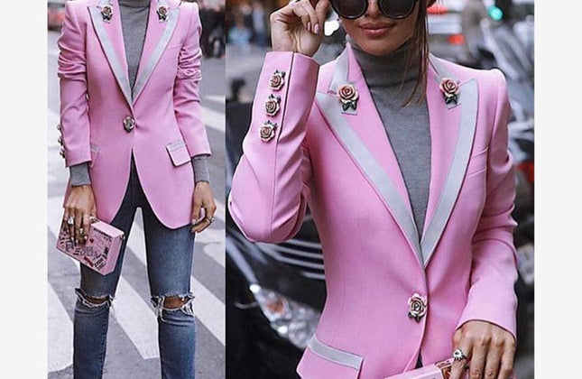 A4564 Elegant Pink Long Sleeve Single Button Slim Winter Wear Women Coat 2021 - Constantin & Crys