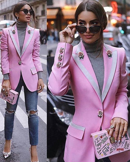 A4564 Elegant Pink Long Sleeve Single Button Slim Winter Wear Women Coat 2021 - Constantin & Crys