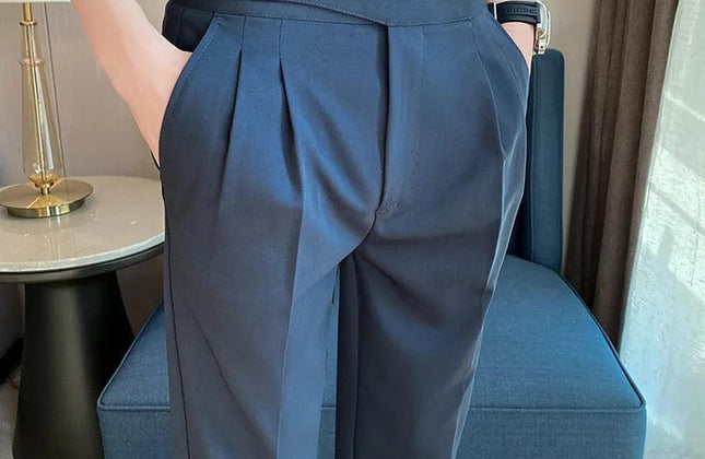 British Style Men High Waist Casual Dress Pant Men Belt Design Slim Trousers - Constantin & Crys