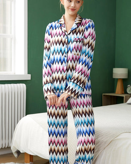 Designer Custom Color Printed Long Sleeve Silk Pajamas Women Sleep Wear Pajamas - Constantin & Crys