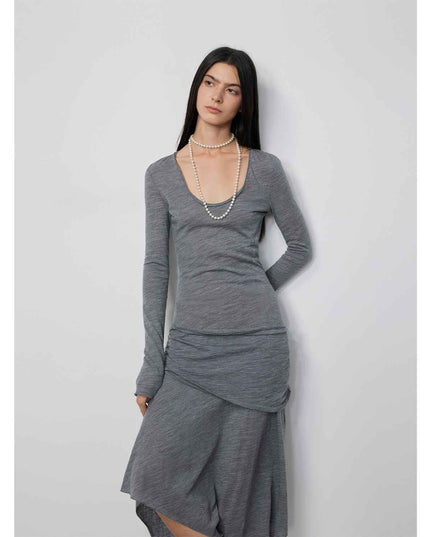U-Neck Irregular Hem Long Dress | Merino Wool Draped Maxi Dress