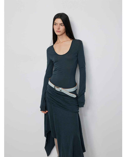 U-Neck Irregular Hem Long Dress | Merino Wool Draped Maxi Dress