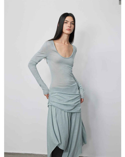 U-Neck Irregular Hem Long Dress | Merino Wool Draped Maxi Dress
