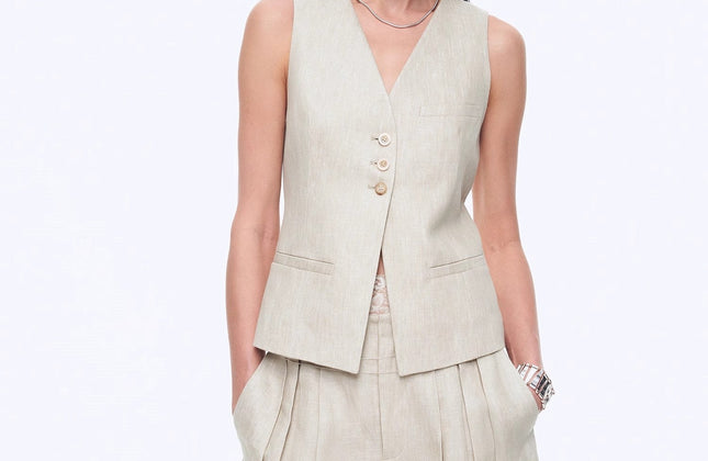 Gilet drapé 100 % lin et pantalon droit taille haute à double pli | Ensemble Old Money