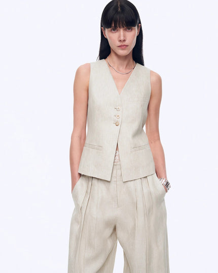 100% Linen Draped Vest & High-Waist Double-Pleat Straight Trousers | Old Money Set