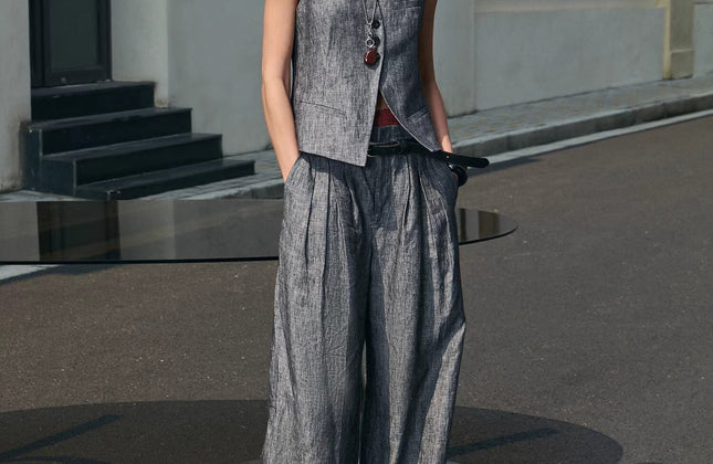 Gilet drapé 100 % lin et pantalon droit taille haute à double pli | Ensemble Old Money